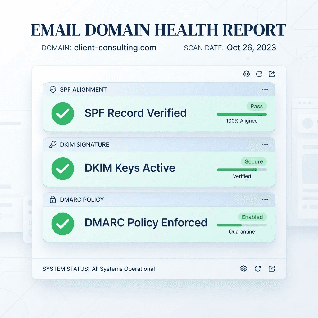 Domain health report showing successful email authentication checks